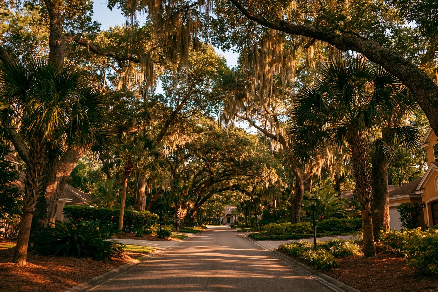 Golden-hour view of a tree-shaded neighborhood in Brandon, Florida