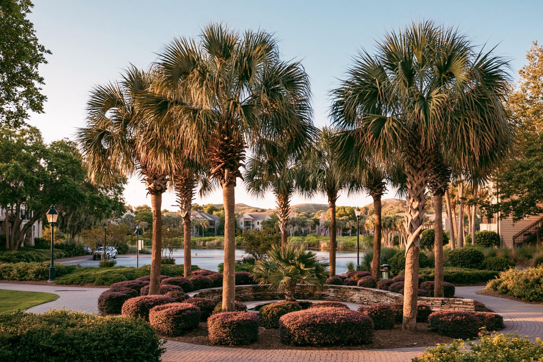 Warm evening view of the Sebring, Florida area with palms and quiet streets
