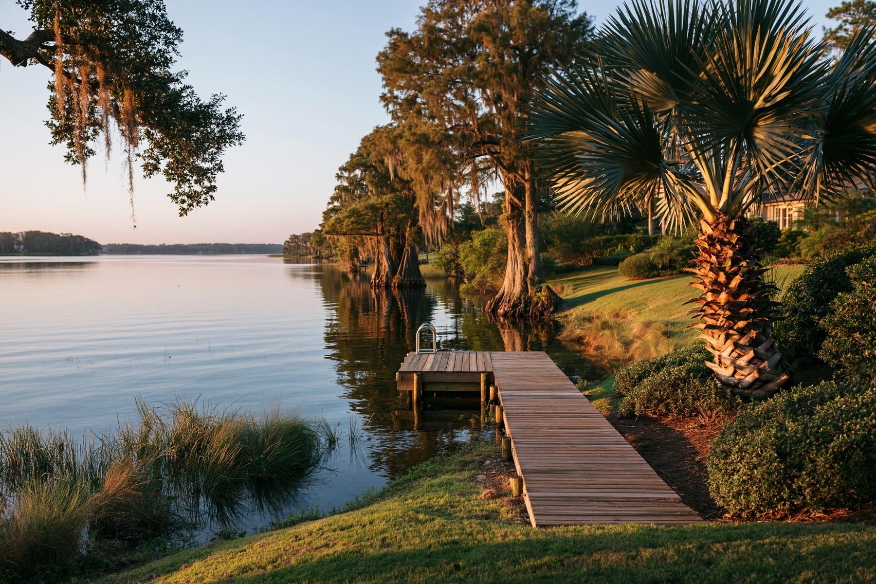 A calm chain-of-lakes shoreline near Winter Haven, Florida at golden hour